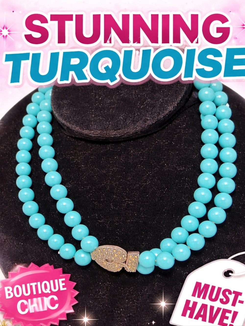 Boutique Design turquoise and Marcasite‎ double strand necklace